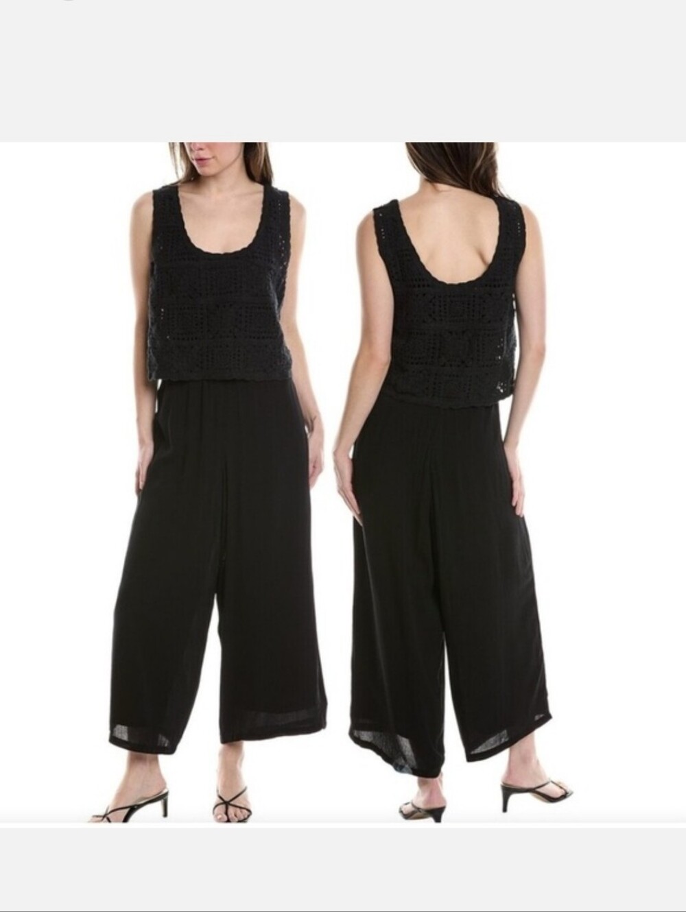 Three Dots Women's Black Crochet Top Wide-Leg Jumpsuit Size L